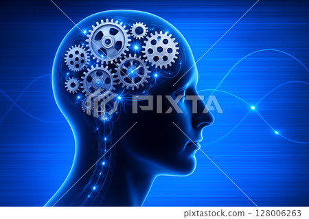 AI generated digital illustration of a human head in profile view with mechanical gears inside the brain representing automated thinking learning and machine intelligence in a sci-fi abstract style 128006263