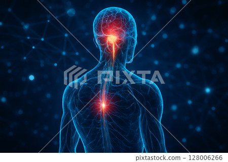 AI generated sci-fi medical render of human nervous system from back view showing glowing brain spinal cord and neural pathways with data energy web on dark background 128006266