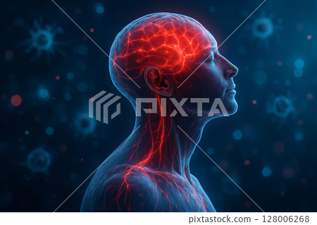 AI generated digital artwork shows a glowing human profile with illuminated brain and neural pathways, symbolizing consciousness awakening, intelligence, and abstract biological energy. 128006268