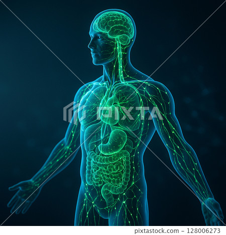 AI generated realistic biomedical illustration of a translucent human body showing lymphatic nervous digestive and respiratory systems in green and blue tones 128006273