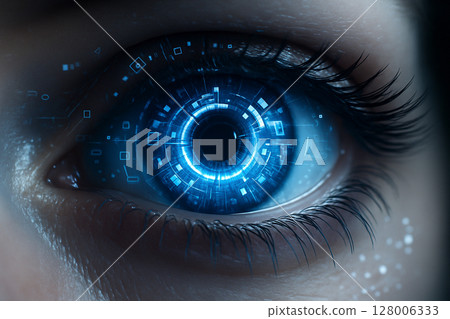 AI generated closeup of a human eye with glowing digital patterns and cybernetic interface elements depicting biometric analysis in a futuristic sci fi concept 128006333