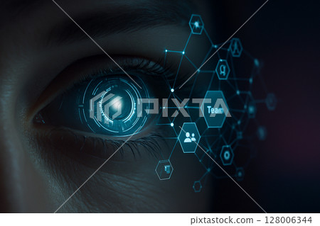 AI generated extreme close up of human eye with glowing iris and futuristic geometric HUD overlay representing augmented vision and data processing in a sci fi context 128006344