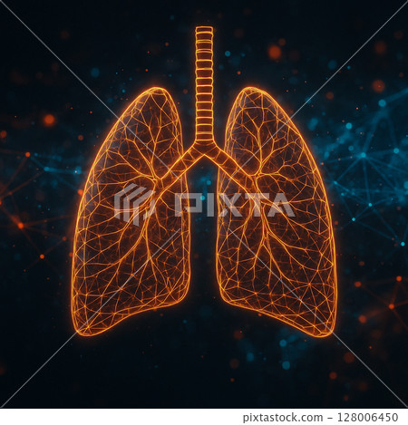 AI generated glowing outline of human lungs in a sci fi digital style showing biometric data streams within a futuristic network of abstract energy and technological precision 128006450