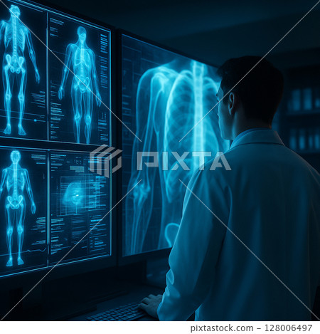 AI generated digital artwork showing a male doctor in a lab coat analyzing holographic medical data on large blue interface screens in a futuristic diagnostic room 128006497