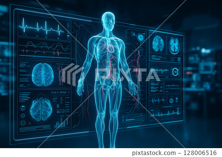 AI generated sci fi medical visualization showing a glowing transparent human body surrounded by biometric data holograms in a high tech diagnostic lab 128006516
