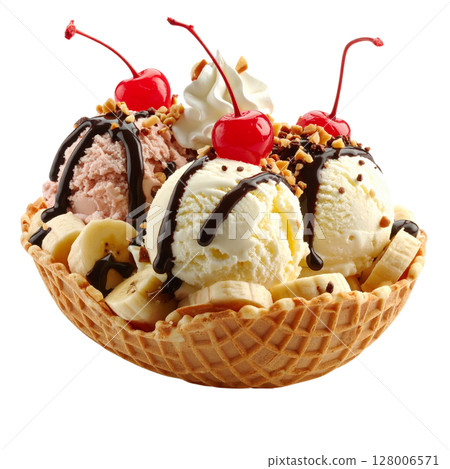 Delicious scoops of chocolate, vanilla, and strawberry ice cream with cherries, a sweet frozen dessert Delicious scoops of chocolate, vanilla, and strawberry ice cream with cherries, a sweet frozen dessert 128006571
