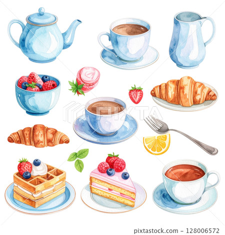 Vector set of cartoon food icons: coffee, tea, and sweet desserts like cake, cupcakes, and chocolate, perfect for breakfast or cafe menus Vector set of cartoon food icons: coffee, tea, and sweet desserts like cake, cupcakes, and chocolate, perfect for breakfast or cafe menus 128006572