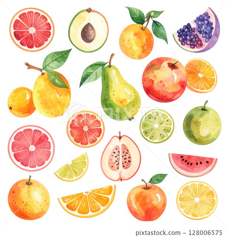 Seamless background with a fresh collection of isolated citrus fruits, apples, pears, kiwi, strawberries, bananas, pineapples, and peaches on white 128006575