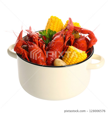 Cooked red lobster in a white bowl, a delicious seafood dinner 128006576