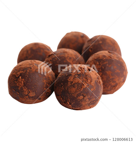 Delicious milk chocolate candies and gourmet pralines are isolated on a white background, perfect for a sweet treat or gift Delicious milk chocolate candies and gourmet pralines are isolated on a white background, perfect for a sweet treat or gift 128006613