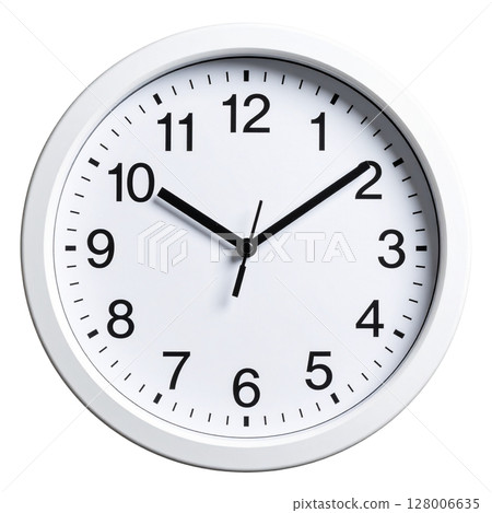 Black classic office wall clock with a white dial, isolated on a white background, showing the time with hour, minute, and second hands, a perfect symbol of business deadlines Black classic office wall clock with a white dial, isolated on a white background, showing the time with hour, minute, and second hands, a perfect symbol of business deadlines 128006635
