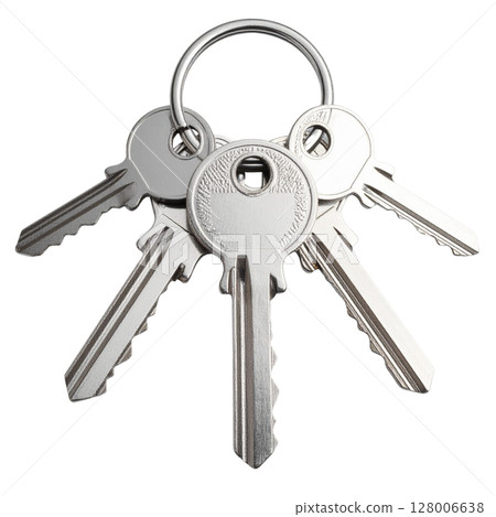 Silver metallic house keys on a ring, isolated on a white background, offering secure access and protection 128006638