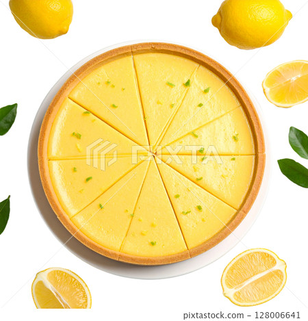Fresh lemon and vibrant lemon slices, isolated on a white background, highlight the juicy, healthy essence of this citrus fruit 128006641
