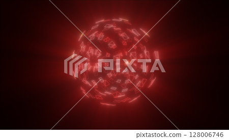 Abstract red glowing sphere composed of floating polygonal shapes, radiating light from the center Abstract red glowing sphere composed of floating polygonal shapes, radiating light from the center 128006746
