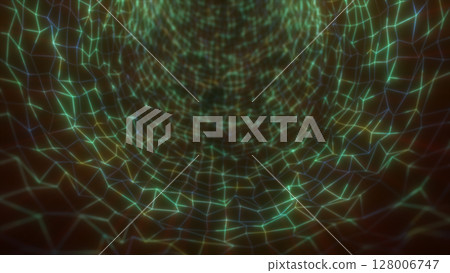 Neon green mesh tunnel flowing into darkness, creating an immersive digital grid pattern 128006747