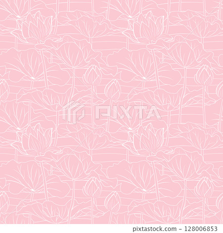 Hand drawn outline lotus with leaves seamless pattern on pink background 128006853