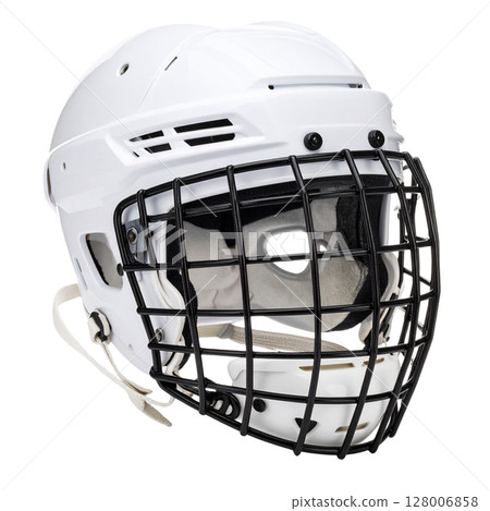 Old football helmet with a protective mask, isolated on a black background Old football helmet with a protective mask, isolated on a black background 128006858