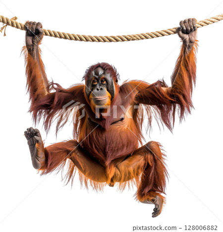 Isolated close-up portrait of a young, endangered Bornean orangutan, a hairy brown baby mammal, in the jungle Isolated close-up portrait of a young, endangered Bornean orangutan, a hairy brown baby mammal, in the jungle 128006882