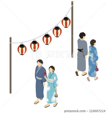等距插畫：一對穿著浴衣、拿著燈籠的夫婦 128007224