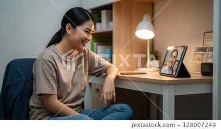 A female technical intern trainee video chats with her family back home from her room in Japan. 128007249