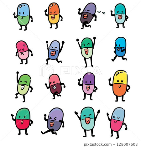 vector set of medicine capsule cartoon 128007608