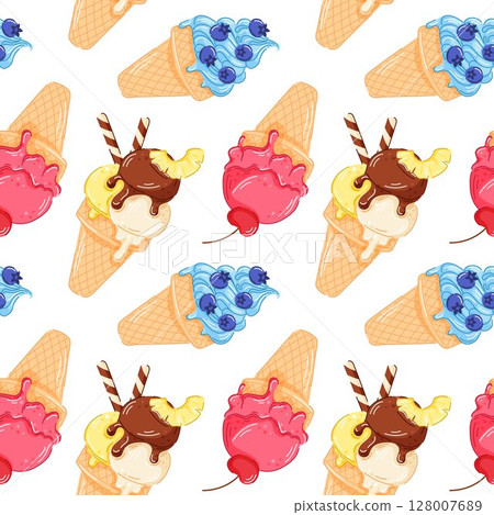 Cherry, blueberry, chocolate, pineapple ice cream cone seamless pattern with pink scoop in waffle cone in cartoon style. Perfect for dessert menu, summer sweet or food graphic design. 128007689