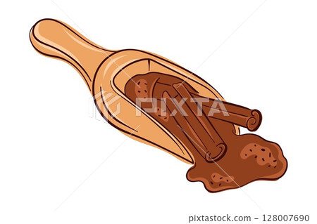 Illustration of wooden scoop with cinnamon sticks and powder on white background in flat style. Design for spice, food, baking ingredient and culinary decoration theme. 128007690