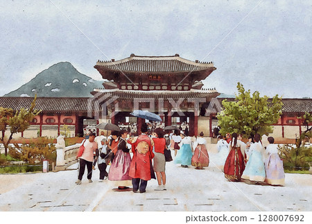 Heungnyemun Gate is the main gate of Gyeongbokgung Palace and is the second important gate you will see after passing through Gwanghwamun Gate (AI generated from the original image) 128007692