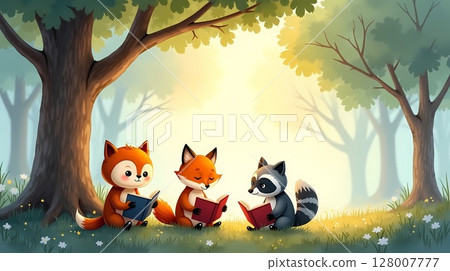 Foxes and raccoon reading together in a serene forest setting 128007777