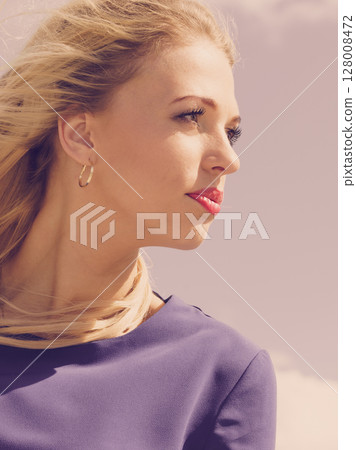 Fashion model wearing blue navy shirt 128008472