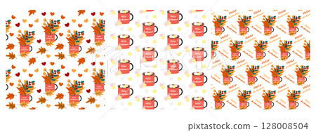 Autumn leaves in cup with Hello Autumn Text and mug with Marshmallows cubes Seamless Pattern Bundle 128008504