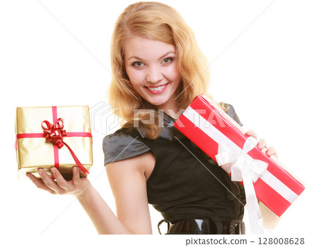 holidays love happiness concept - girl with gift boxes 128008628