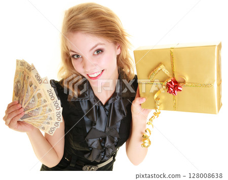 Woman with gift box and polish money banknote. Woman with gift box and polish money banknote. 128008638