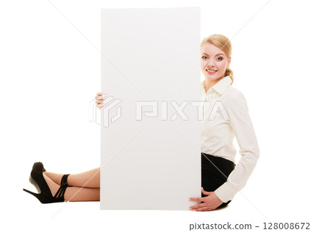 Ad. Businesswoman showing blank copy space banner Ad. Businesswoman showing blank copy space banner 128008672