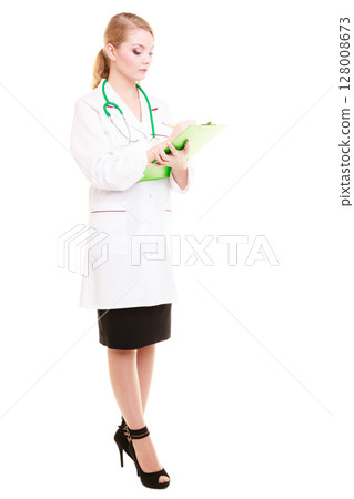 Woman doctor in lab coat with stethoscope. Medical Woman doctor in lab coat with stethoscope. Medical 128008673