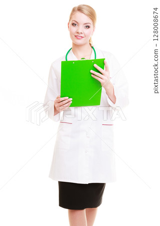 Woman doctor in lab coat with stethoscope. Medical Woman doctor in lab coat with stethoscope. Medical 128008674