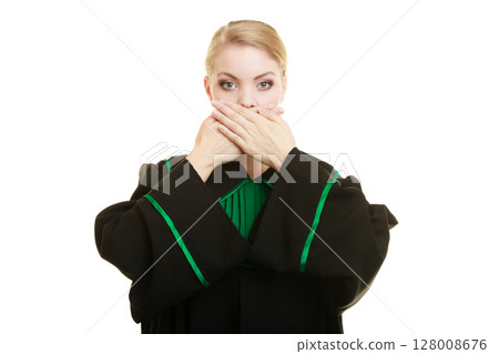 Woman lawyer barrister covering mouth with hands. 128008676
