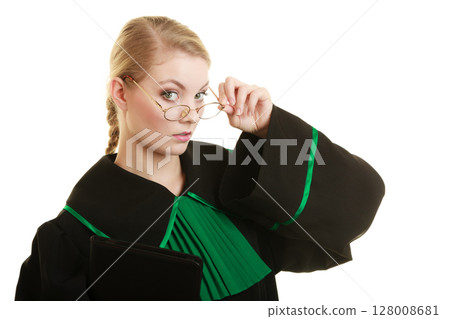 woman lawyer attorney wearing black green gown 128008681