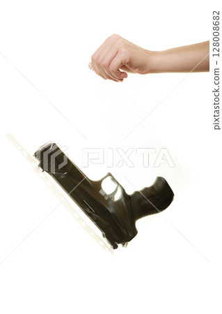 Woman lawyer with gun bag marked evidence for crime. Woman lawyer with gun bag marked evidence for crime. 128008682