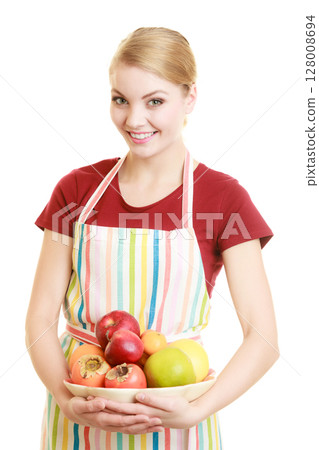 housewife or seller offering healthy fruit isolated 128008694
