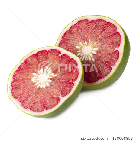 Whole and Sliced Red Pomelo isolated on a white Background 128008898