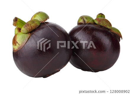 Whole mangosteen with purple rind isolated on a white background 128008902