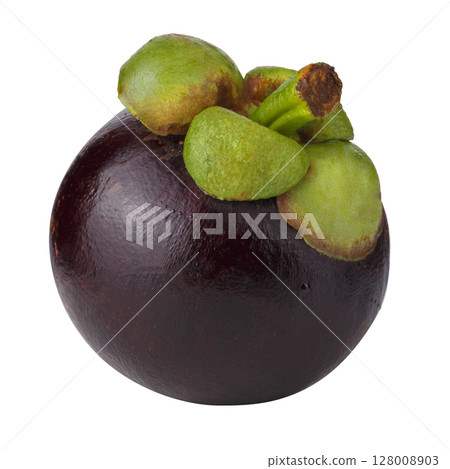 Whole mangosteen with purple rind isolated on a white background 128008903