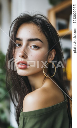 Portrait of a young woman with hoop earring and natural makeup in bright setting Portrait of a young woman with hoop earring and natural makeup in bright setting 128009035