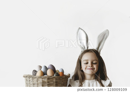 Joyful child with bunny ears and basket of Easter eggs on white background 128009109