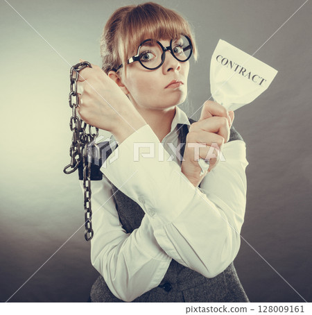 Businesswoman woman ending breaking contract. Businesswoman woman ending breaking contract. 128009161