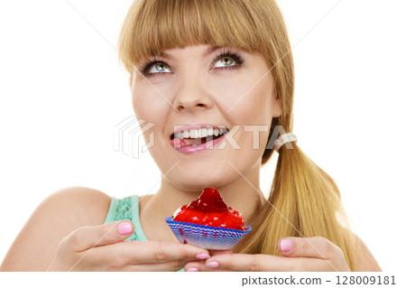 Woman holds cake strawberry cupcake Woman holds cake strawberry cupcake 128009181