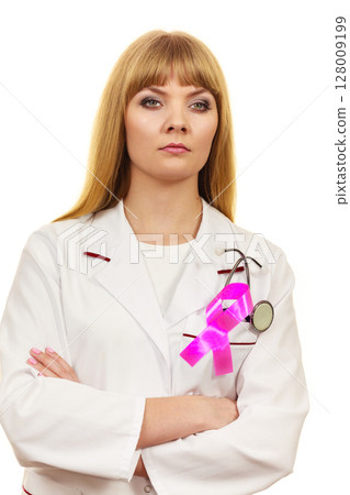 Woman doctor with pink ribbon aids symbol Woman doctor with pink ribbon aids symbol 128009199