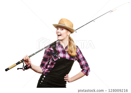 Happy woman in sun hat holding fishing rod 128009216