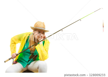 Woman with fishing rod , spinning equipment Woman with fishing rod , spinning equipment 128009233